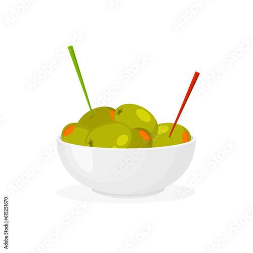 Pickled green olives with toothpick in the plate. Olive stuffed by vegetables, salmon or shrimp. Appetizer in a bowl. Spain or greek cuisine. Vector.