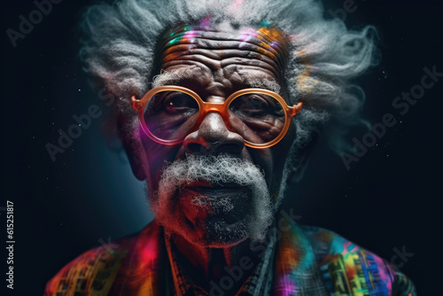 portrait of older grizzled African man in glasses with emotional face. generative AI © zamuruev