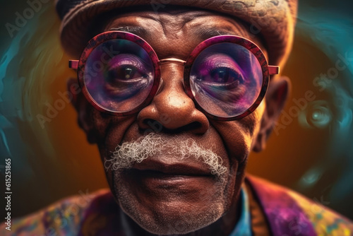 portrait of older African man in glasses and hat with emotional face. generative AI