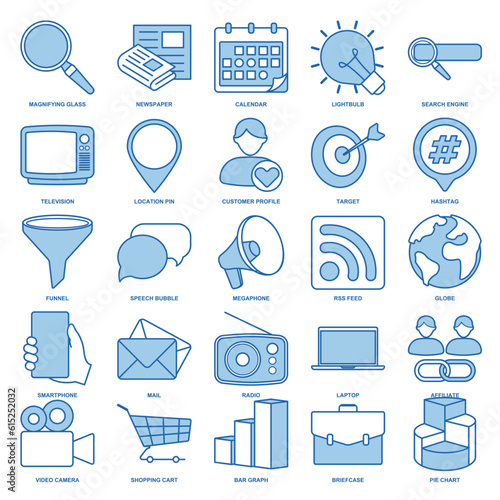 A comprehensive collection of visually appealing and versatile vector icons that represent different aspects of marketing.