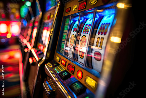 Slot Machine's Dynamic Details and Flashing Lights. Generative AI photo