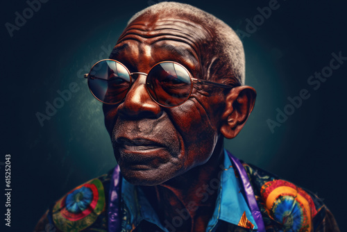 portrait of older African man in glasses with kind facial expression. generative AI