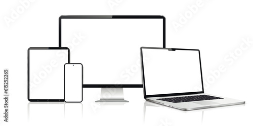 Realistic computer screen, laptop, tablet, phone. Flat lay detailed and realistic devices mockup