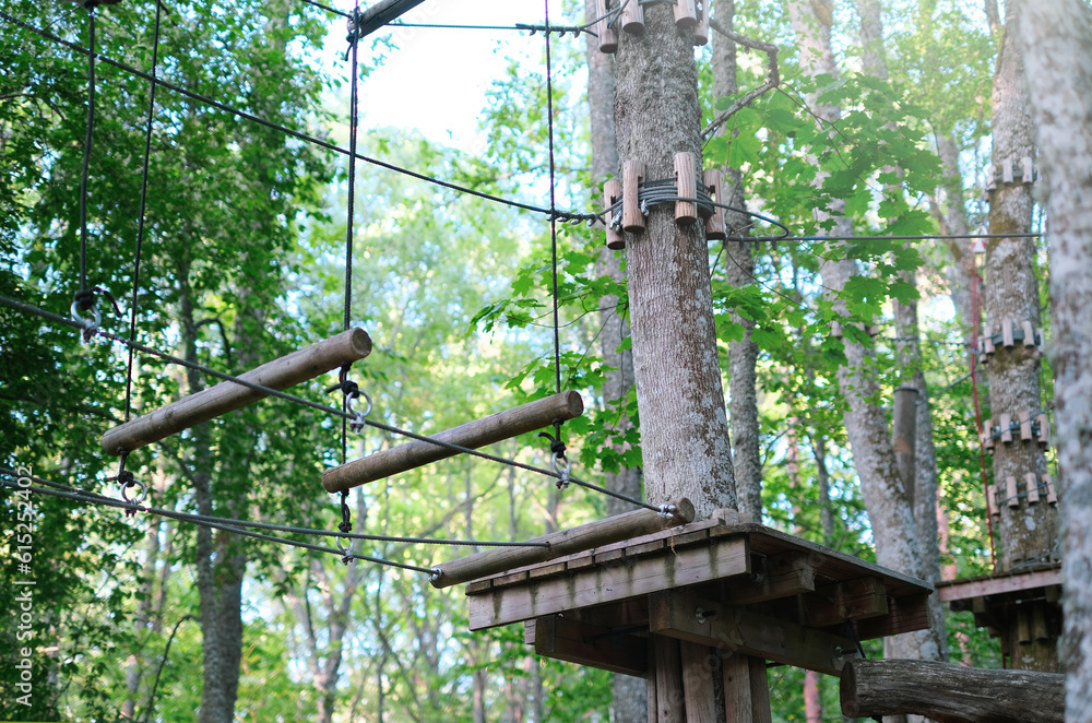Rope park on trees close-up. The concept of sports and recreation Rope park on trees close-up. The concept of sports and recreation