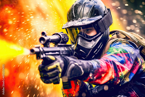 A Close-Up of a Paintball Player in Action. Generative AI © Andrii 