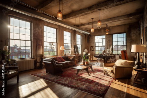 Loft living room with large window, elegant luxury classic home with large windows at sunset