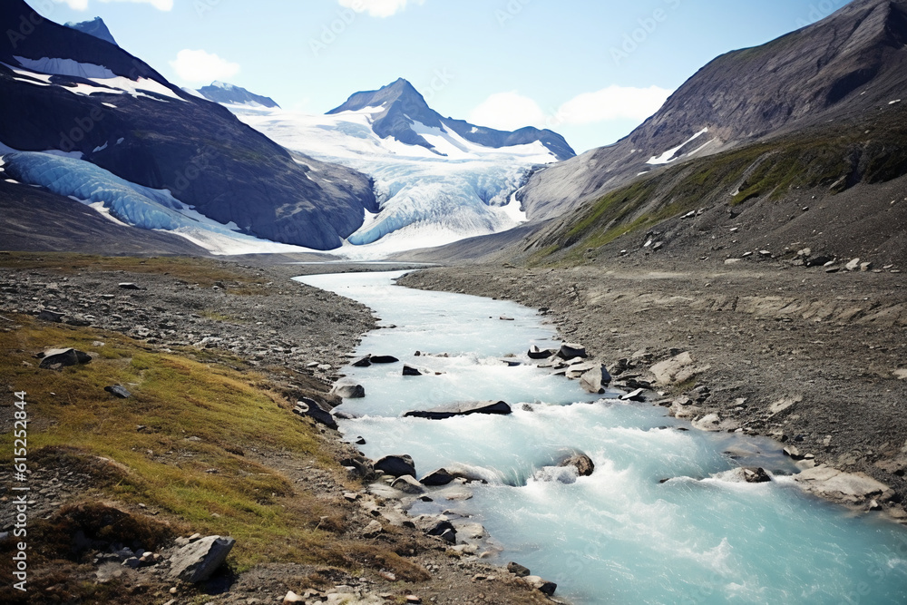 a hill and off a waterfall in summer with snow on the ground. AI generative