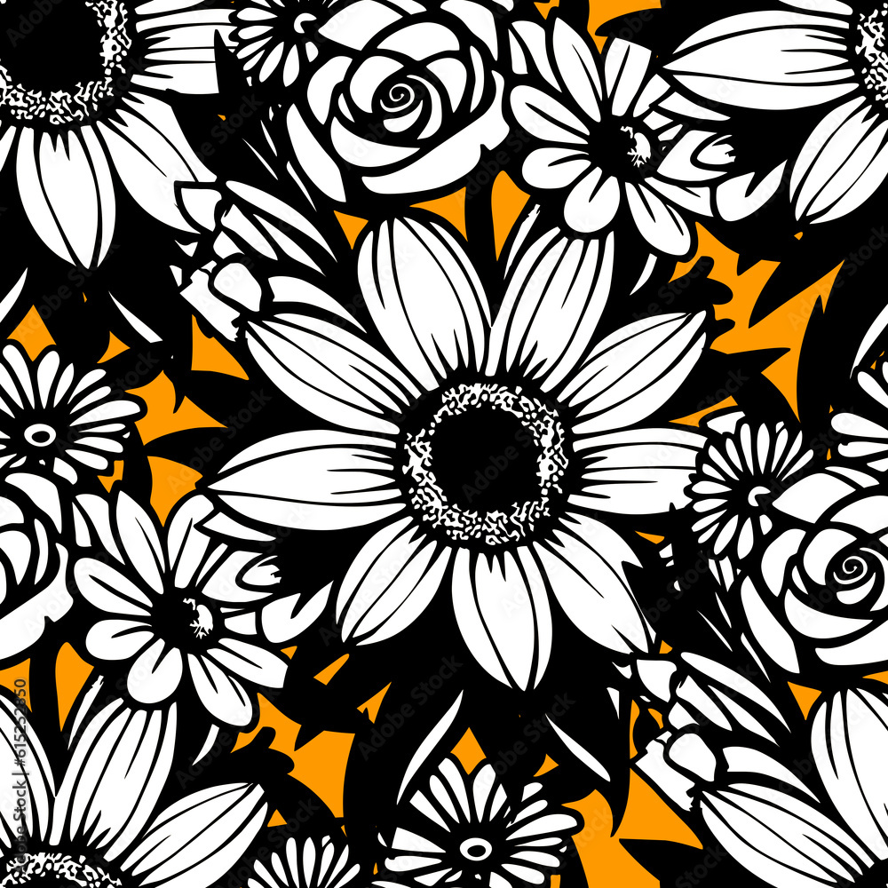 seamless pattern of black and white flowers on an orange background, texture, design seamless pattern of black and white flowers on an orange background, texture, design
