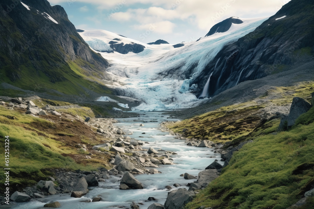 a hill and off a waterfall in summer with snow on the ground. AI generative a hill and off a waterfall in summer with snow on the ground. AI generative