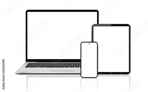 Laptop computer, tablet and mobile phone. Flat lay detailed and realistic devices mockup photo