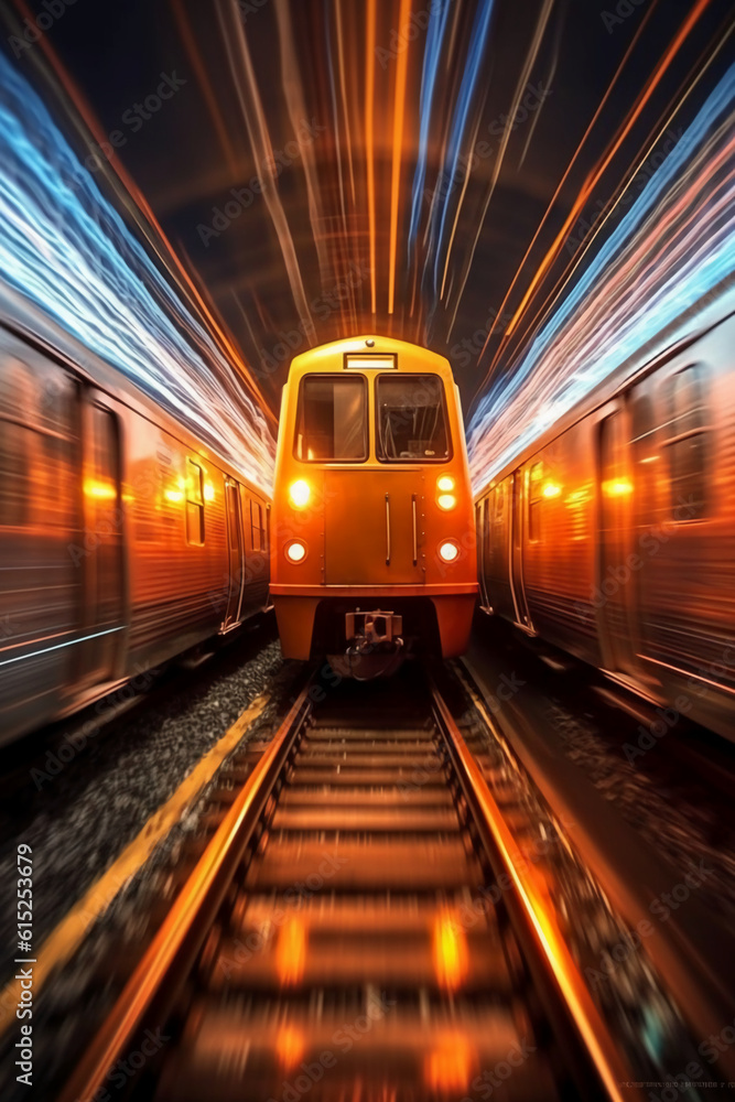 Naklejka premium Mesmerizing Train Photography, Motion blur, reflection, speed, cinematic. AI generative