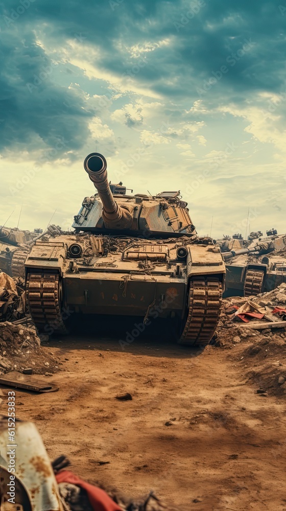 Tank on the beach. AI generated art illustration. Tank on the beach. AI generated art illustration.