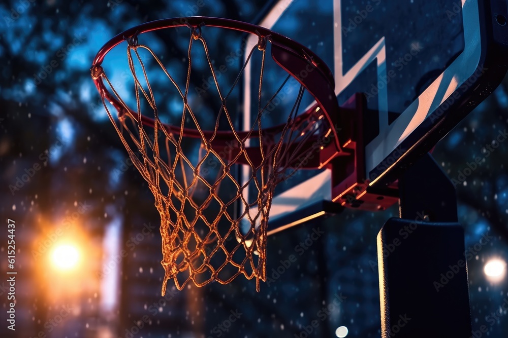Close - up view of the basketball hoop at an empty urban outdoor court at night. Generative AI Close - up view of the basketball hoop at an empty urban outdoor court at night. Generative AI