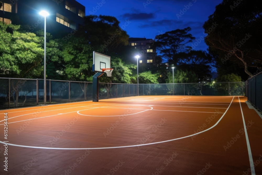 Empty urban outdoor basketball court at night with a wide - angle view. Generative AI Empty urban outdoor basketball court at night with a wide - angle view. Generative AI