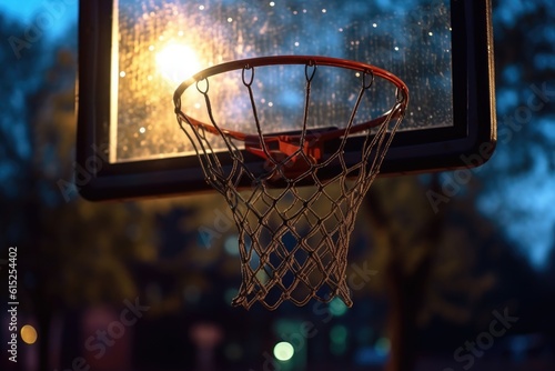 Close - up view of the basketball hoop at an empty urban outdoor court at night. Generative AI