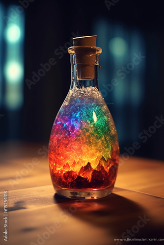 Photographic of a crystal potion containing a rainbow multicolored vibrant mystical liquid on a wooden table. AI generative