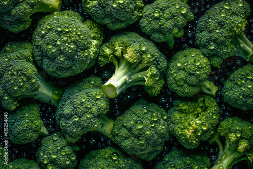 Fresh Broccoli Buds with Droplets of Water, Top-View Close-Up Background