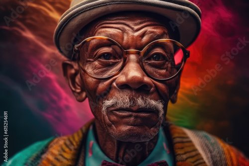 portrait of older African man in glasses and hat with emotional face. generative AI