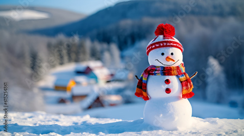 Delightful snowman wearing a festive red hat and scarf at a snowy mountain ski resort,  banner with copy space.  © GT77