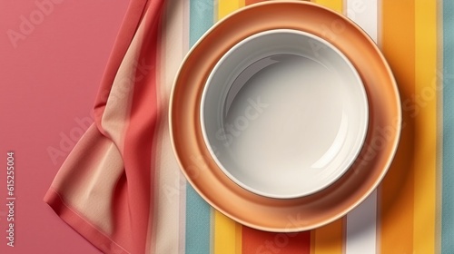 Top view on colored background empty round white plate on tablecloth for food
