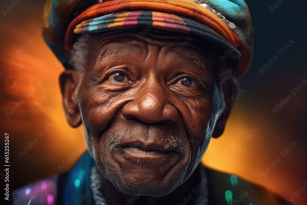 portrait of older African man in hat with kind facial expression. generative AI portrait of older African man in hat with kind facial expression. generative AI