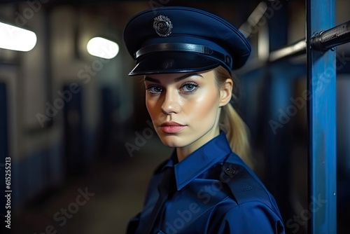 Young Serious Police Officer Standing in Crime Prison. Generative AI
