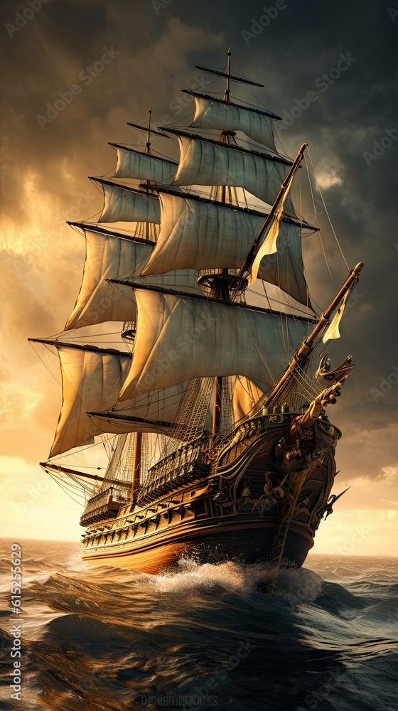 Ship at sunset. AI generated art illustration.