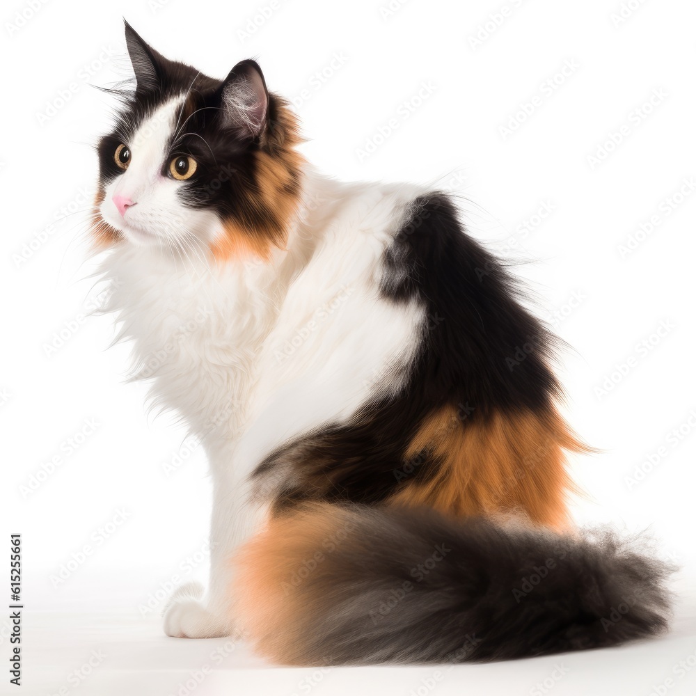 Japanese Bobtail Longhair cat cat isolated on white background. Generative AI