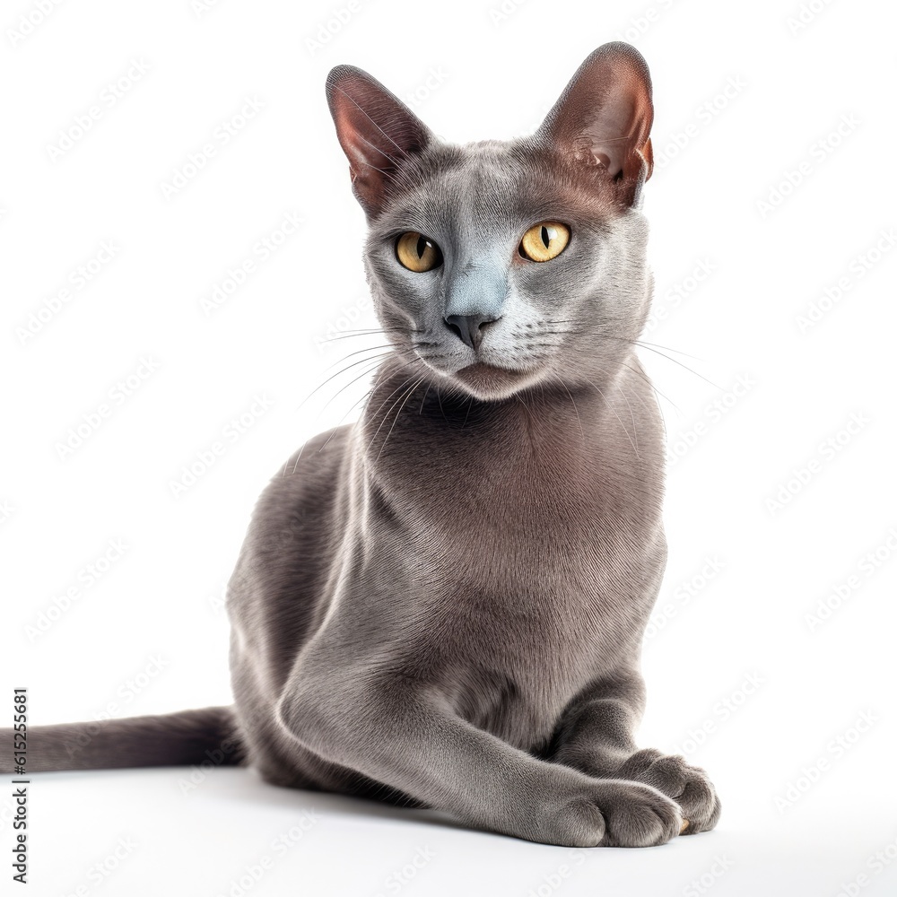 Russian Blue cat isolated on white background. Generative AI