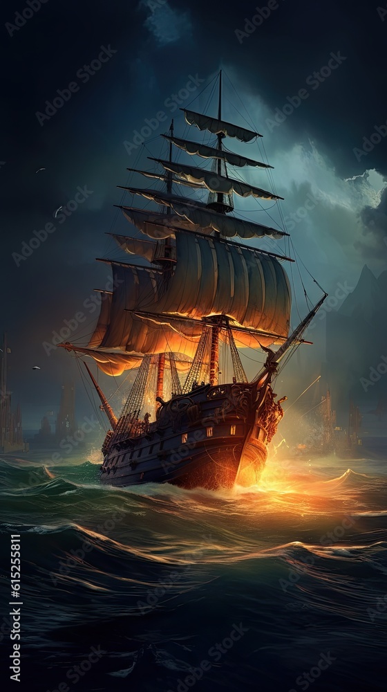 Fototapeta premium Ship at sunset. AI generated art illustration.