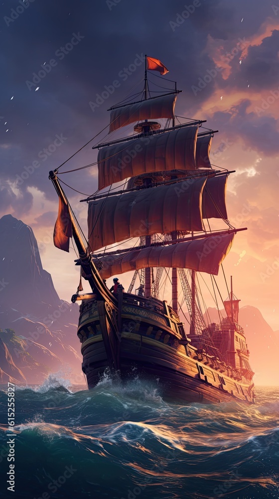 Fototapeta premium Ship at sunset. AI generated art illustration. 