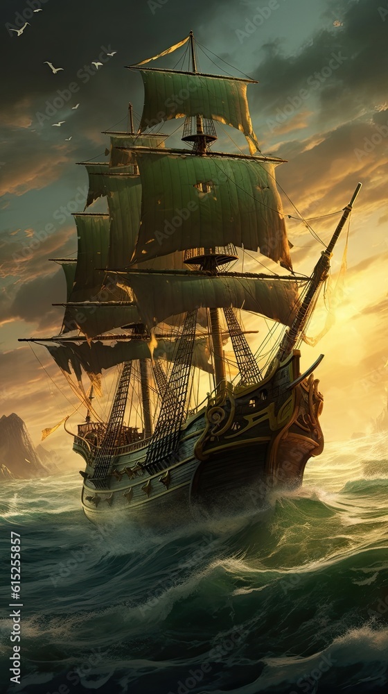 Ship at sunset. AI generated art illustration.
