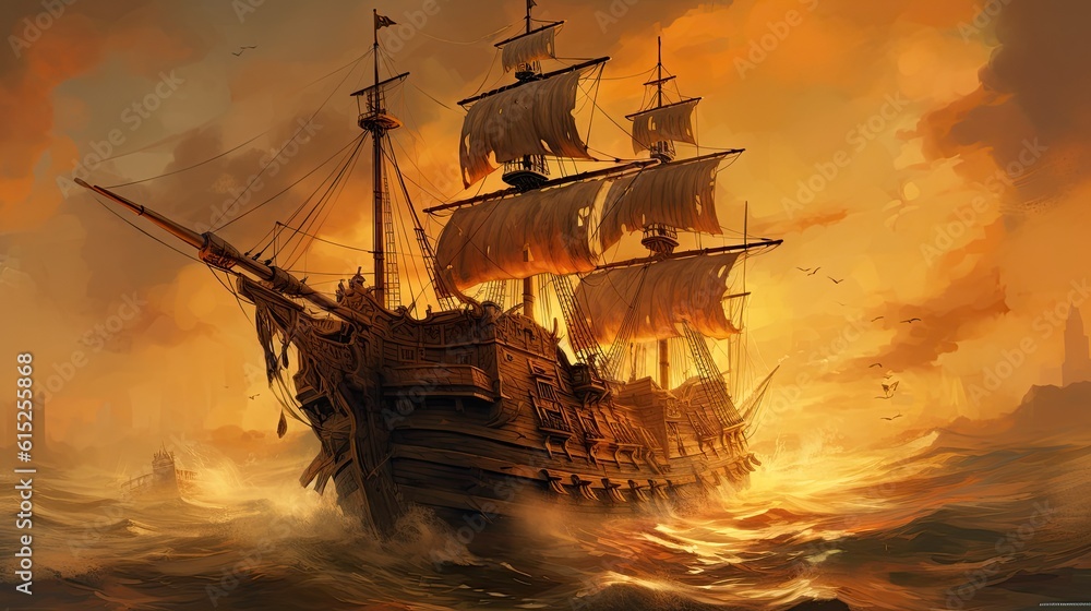 Obraz premium Ship at sunset. AI generated art illustration. 