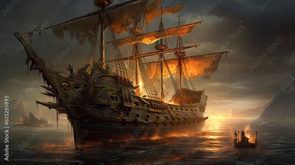 Ship at sunset. AI generated art illustration.