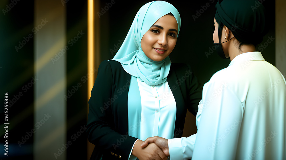 Business woman with Hijab shakes hands with customer