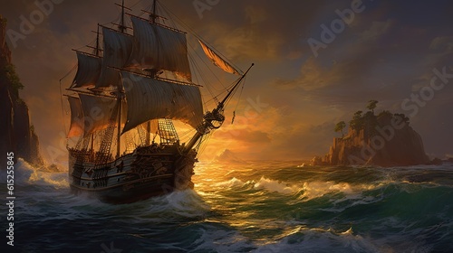 Ship at sunset. AI generated art illustration. 