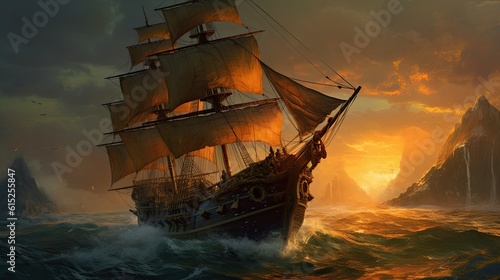 Ship at sunset. AI generated art illustration. 