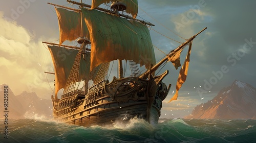 Ship at sunset. AI generated art illustration.
