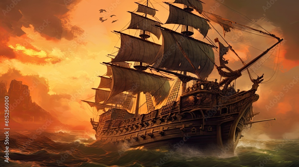 Ship in the sunset. AI generated art illustration.