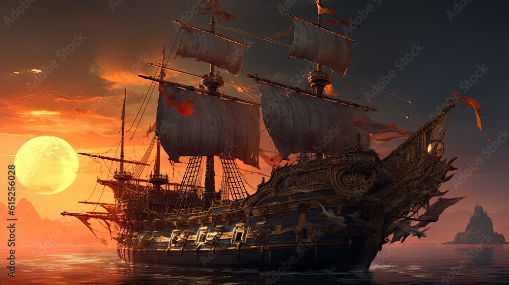 Ship in the sunset. AI generated art illustration.