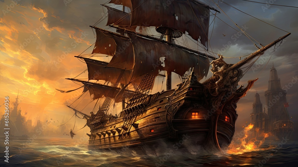 Ship in the sunset. AI generated art illustration.