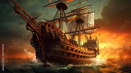 Obraz na płótnie Ship in the sunset. AI generated art illustration.
w salonie