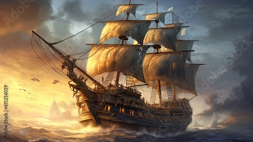 Ship in the sunset. AI generated art illustration.
