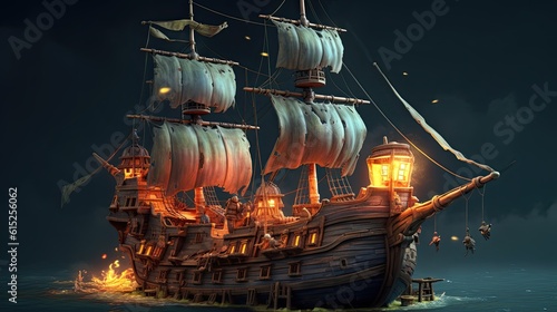 Ship in the sunset. AI generated art illustration.
