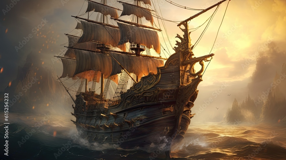 Ship in the sunset. AI generated art illustration.
