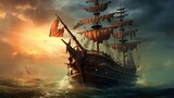 Ship in the sunset. AI generated art illustration.
