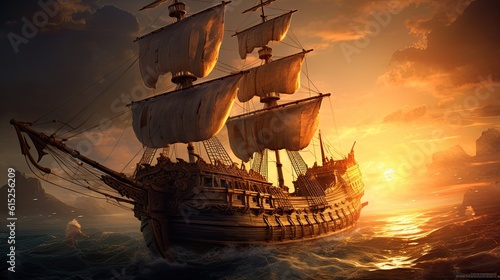 Ship in the sunset. AI generated art illustration. 
