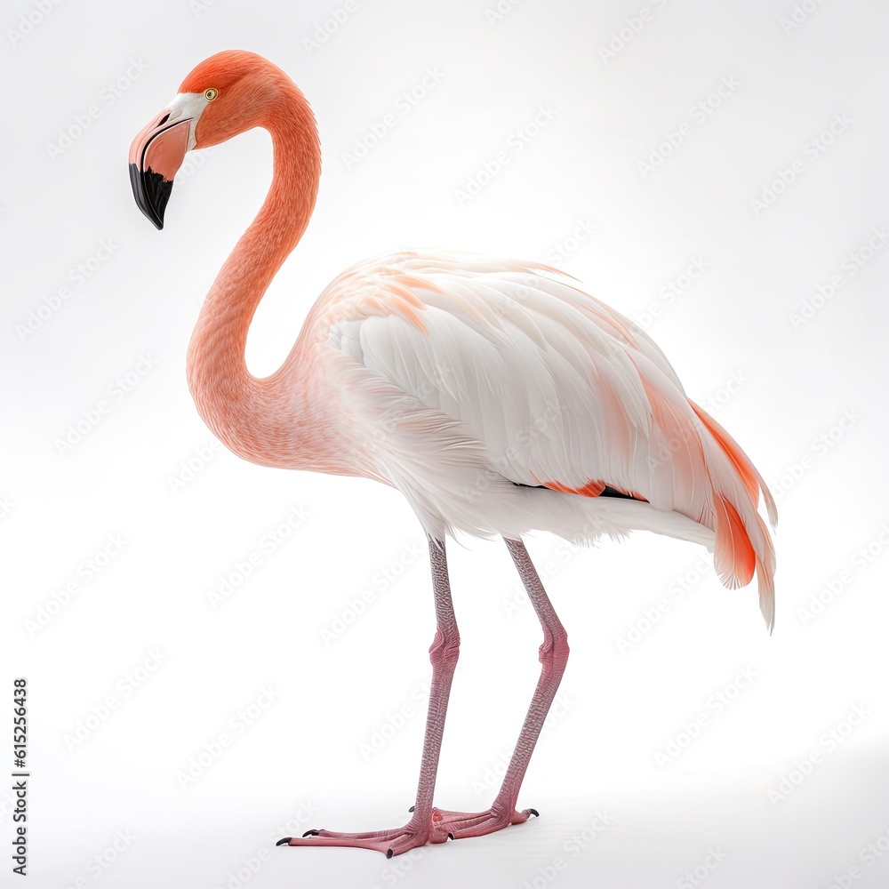 Fototapeta premium Flamingo bird isolated on white background. Generative AI