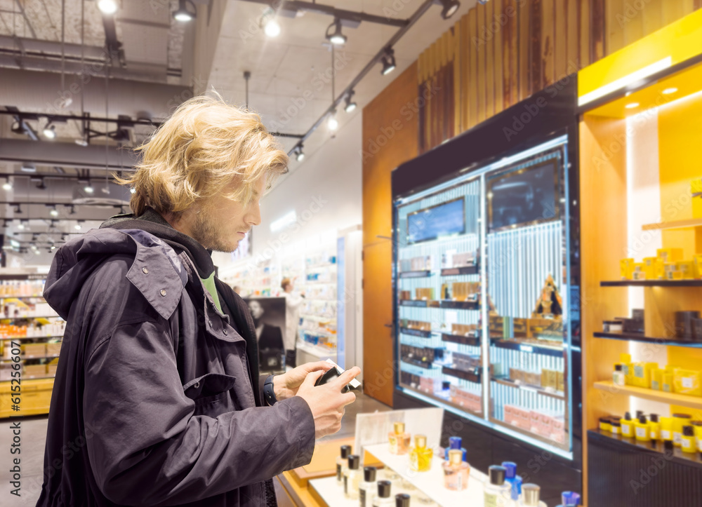 Fototapeta premium buying make up at cosmetics section in store. choosing cosmetics, perfumes, creams and shampoos, Using tester.