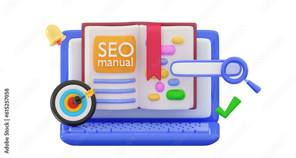 3d Seo manual Search engine optimization Social marketing blogging design Promotion banner guide Technical SEO concept Audit Minimal 3D rendering illustration - obrazy, fototapety, plakaty 
